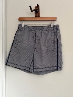 lululemon athletica Navy and White Gingham Shorts with Side Stripe